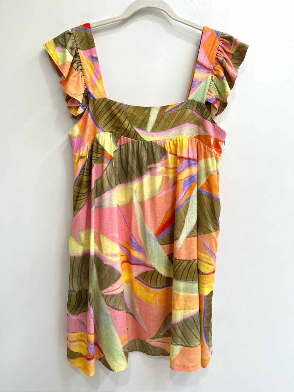 Kourt Babydoll Mini Dress Ruffle Sleeve Tropical Palm Tree Print Linen Blend M